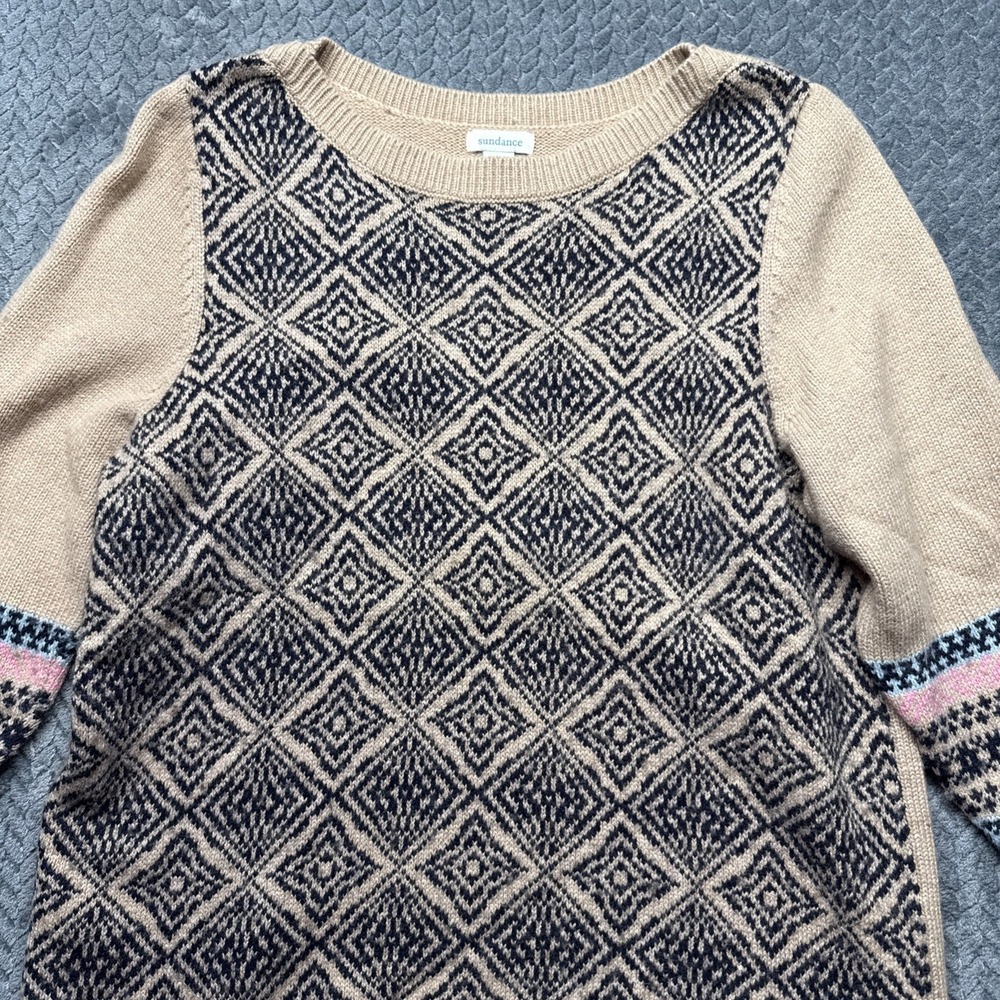 Sundance Beige & Black Patterned Crewneck Sweater with Pink Accent - Picture 2 of 7